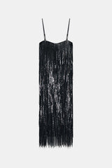 Chic Celebration Layered Sequined Tassels Slip Strapless H-line Midi Dress