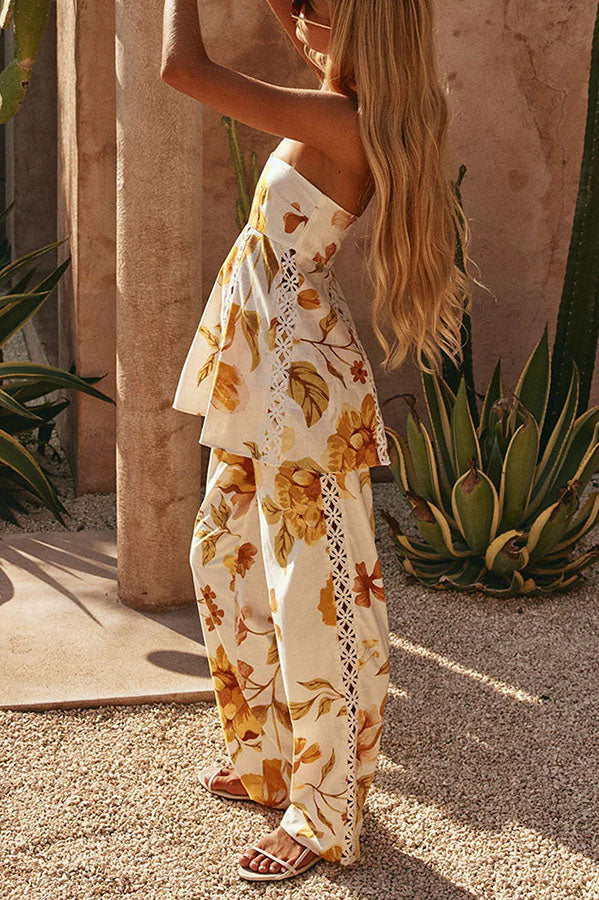 Lorde Linen Blend Floral Print Cutout Trim A-line Tank and High Rise Pocket Wide Leg Pants Set