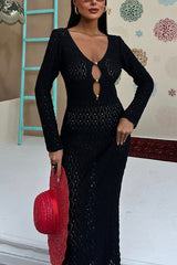 Fashion V-neck Long-sleeved Hollow Slim Maxi Dress