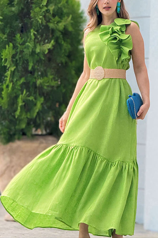 Solid Color Sleeveless Ruffled Casual Stitching Maxi Dress
