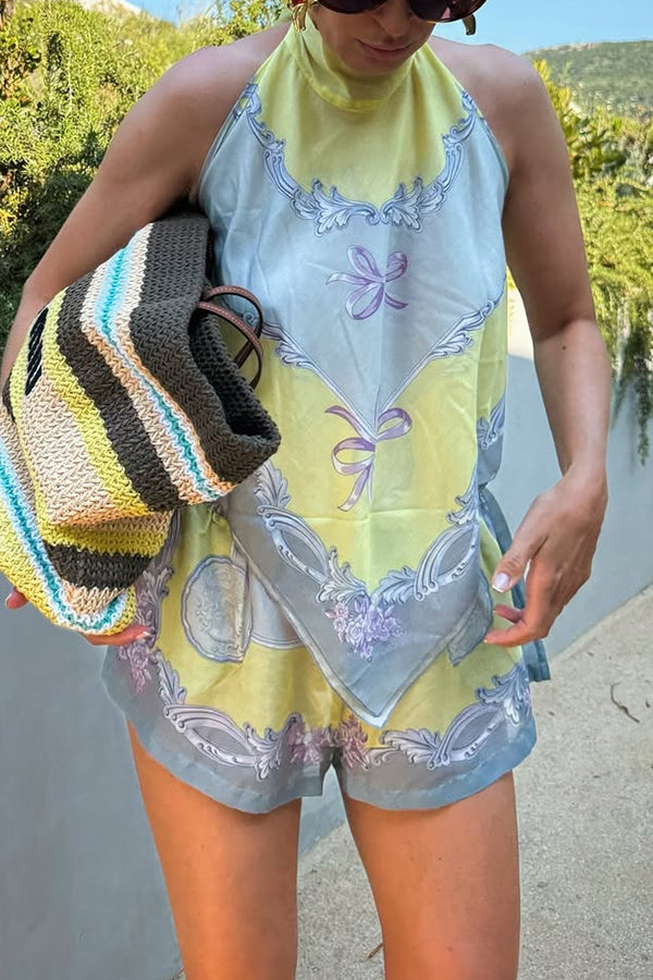 Amalfi Coast Satin Unique Print Scarf Top and Elastic Waist Pocket Loose Shorts Set