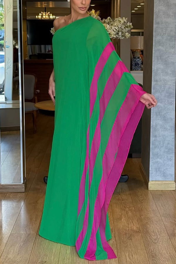 Fashionable Vacation Chiffon Color-blocked One Shoulder Loose Maxi Dress