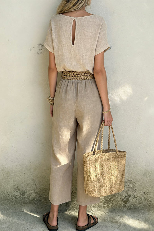Linen Blend Crew Neck Short-sleeved Top and Elastic Waist Casual Pocket Pants Set