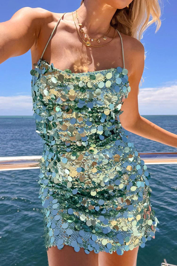 Stylish Sequined Sexy Backless Tie-waist Slim-fit Mini Dress