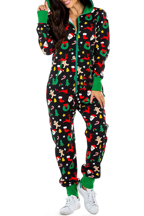 Christmas Print Zipper Pocketed Hooded Loungewear Jumpsuit