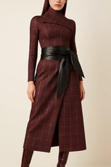 Plaid Print Long-Sleeved Wide-belted Slim-Fit Midi Dress