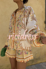 Botanical Print Palace Style Stand-up Collar Lantern Sleeve Loose Top and Casual Shorts Set