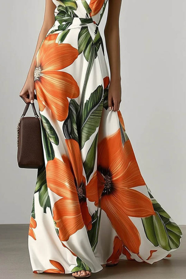 Floral Print V-neck Sleeveless Fitted Waist Vacation Maxi Dress