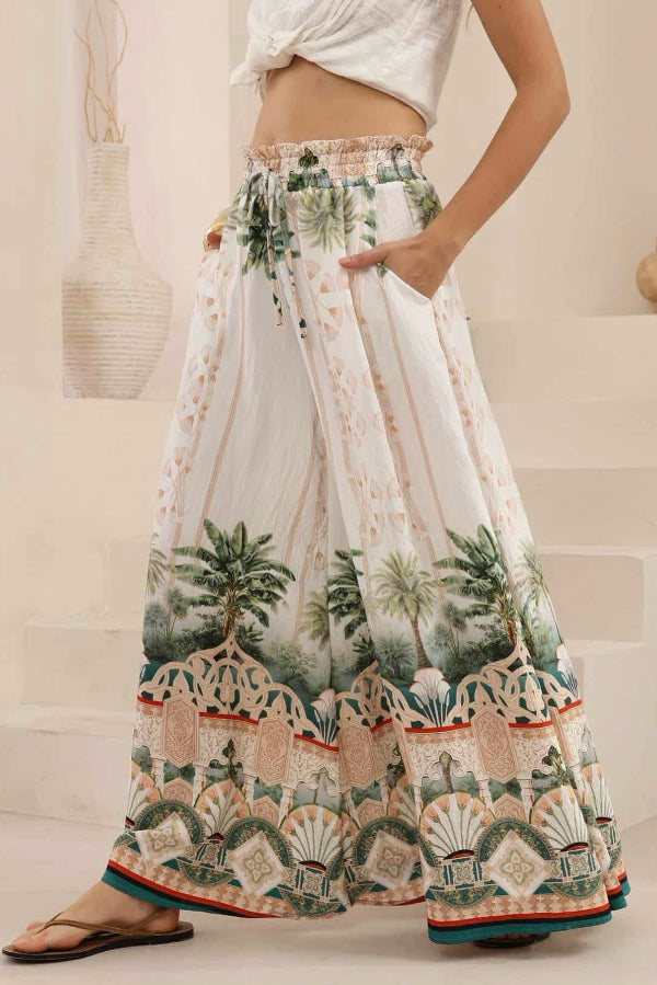 Unique Printed Casual Elastic Waist Pockets Loose Wide-leg Pants