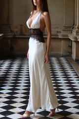 Seductive Details Satin Lace Waist Halter Tie-up Backless Maxi Dress