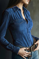 Stylish Suede Long-sleeved Button-down Casual Shirt