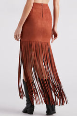 Stylish Tassel Hem Slim-fit Suede Casual Midi Skirt