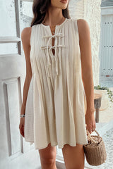 Solid Color Sleeveless Tie Pleated Casual Mini Dress