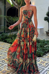 Vacay Vibes Colorful Lava Print Off Shoulder Smocked Scarf Maxi Dress