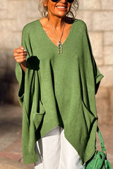 Fashion V-neck Loose Pocket Mid-length Knitted Poncho Sweater