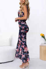 Styled To Perfection Floral Ruched Mesh Overlay Ruffle Hem Maxi Dress
