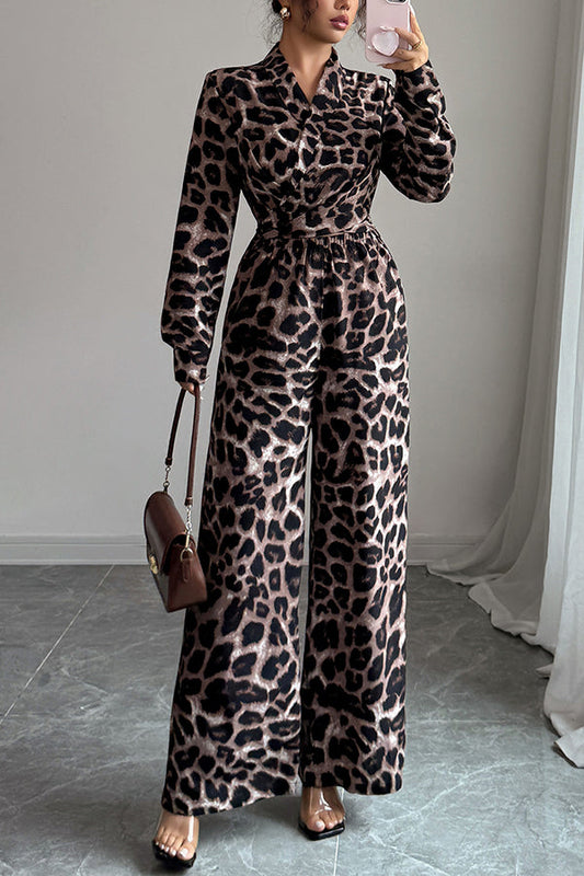 Fashionable Leopard Print Long-sleeved High-waisted Casual Wide-leg Jumpsuit