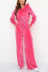 Solid Color Velvet Hooded Zip-up Sweatshirt and Elastic Waist Casual Pocket Straight-leg Pants Set