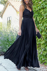 A Dreamy Escape Satin Adjustable Straps Pleated Maxi Dress