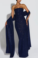 Pandra Glittery Crepe Fabric Off Shoulder Ruched Slit Cape Maxi Dress