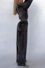 Solid Color Velvet Long-sleeved Zip-up Sweatshirt and Elastic Waist Casual Pocket Straight-leg Pants Set