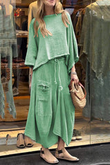 Solid Color Loose Round Neck Top and Elastic Waist Tie Casual Maxi Skirt Set