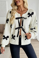 Fashionable Contrasting Bow Casual Lace-up Knitted Cardigan