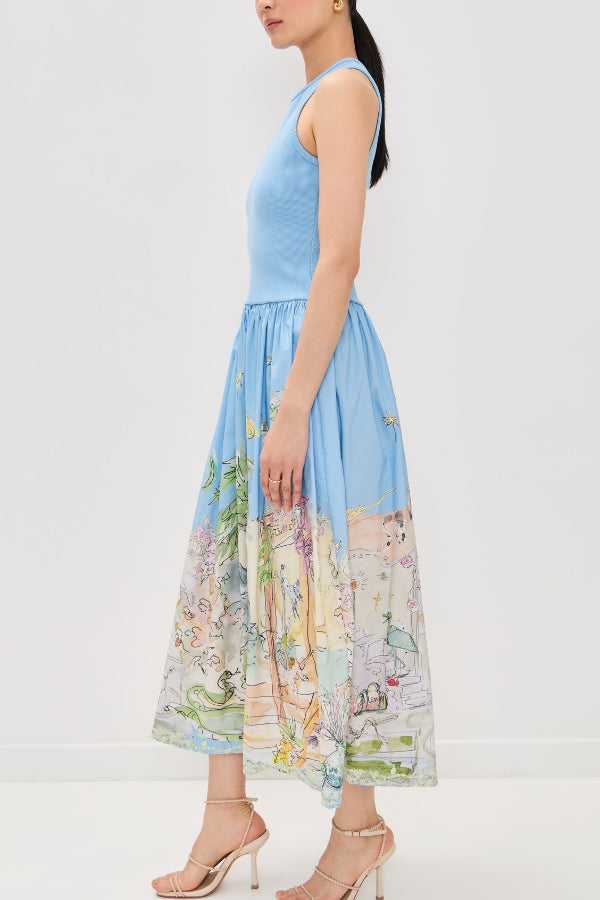 Ink Wash Print Round Neck Sleeveless Resort-style Midi Dress