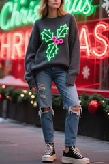 Christmas Holly Jacquard Loose Long-Sleeve Knit Sweater
