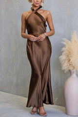 Satin Fashion Halter Backless Slim Elegant Maxi Dress