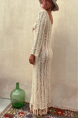 Somewhere Sunny Hollow Out Tassel Long Sleeve Knit Beach Maxi Dress