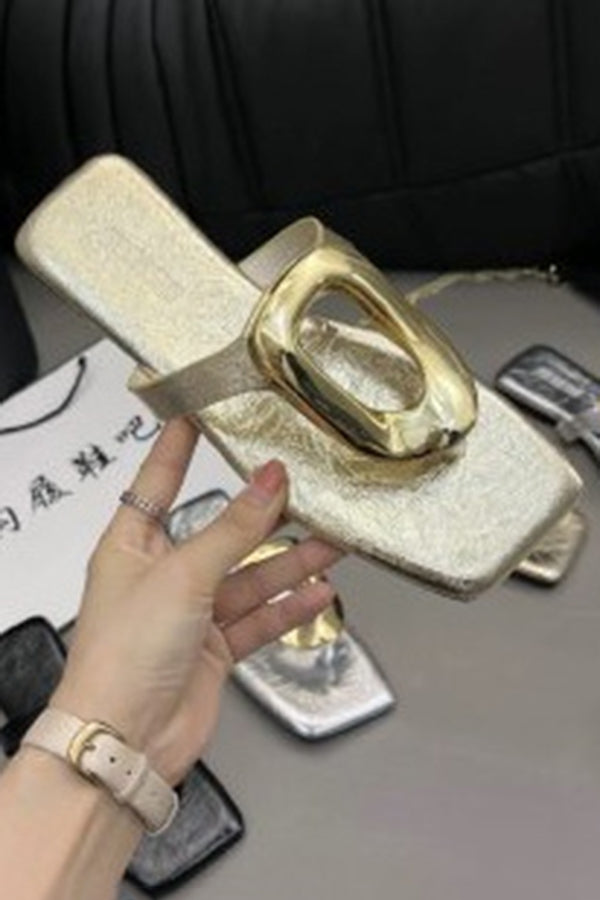 Versatile Square Toe Thong Casual Flat Metal Buckle Sandals