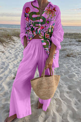 Plant Snake Print Oversized Shirt and Elastic Waist Pocket Pants Set