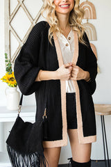 Black Bishop Sleeve Colorblock Open Front Cardigan Sweater