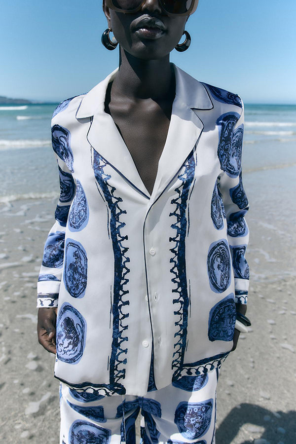 Unique Print Lapel Long Sleeve Shirt and Elastic Waist Wide Leg Pants Set