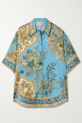 Satin Floral Print Loose Shirt and Elastic Waist Pocket Casual Wide-leg Pants