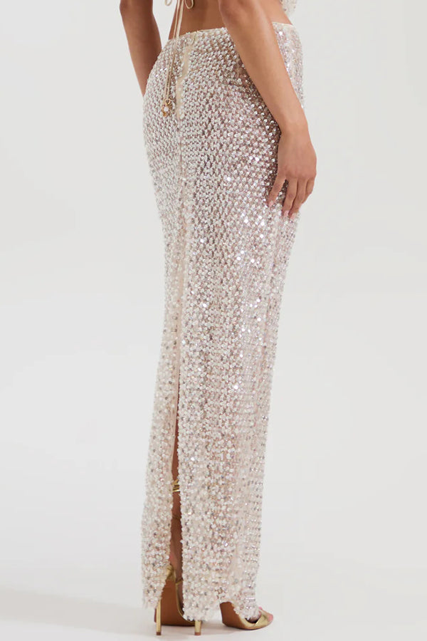 The Great Gatsby Embellished Sequin Mid Rise Flare Maxi Skirt