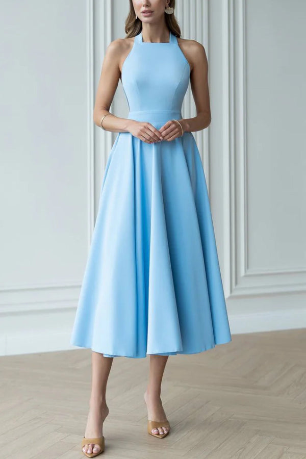 Solid Color Halter Neck Bow Tie Elegant Waist-cinching Midi Dress