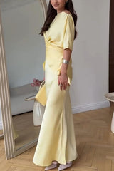 Secret of Elegance Satin Slit Back Lace-up Top and Elastic Waist Flare Maxi Skirt Set