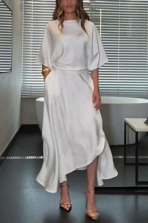 Modern and Elegant Satin Half Wide Sleeve Wrap Style Pocket Slit Loose Maxi Dress