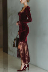 Fashionable Velvet and Lace Patchwork Square Neck Long-sleeved Maxi Dress