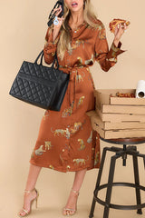 Going Wild Satin Leopard Print Button Down Long Sleeve Midi Dress