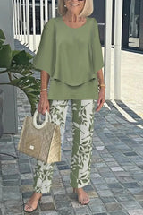 Fashion Round Neck Half Sleeve Loose Top and Elastic Waist Casual Straight Pants Set