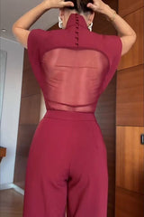 Vita Mesh Patchwork High Neck Wide Sleeve Bodysuit and High Rise Pocket Slit Pants Set