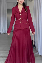 Solid Color Lapel Button Belt Blazer and Pleated Casual Maxi Skirt Set