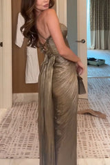 Vegas Queen Metallic Pleated Sculpted Bodice Back Lace-up Drape Maxi Dress