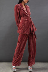 Solid Color Velvet Long-sleeved Waist Tie Top and Elastic Waist Casual Pocket Straight-leg Pants Set