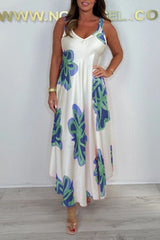 Satin Unique Print V-neck Suspender Midi Dress