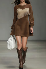 Stylish Color-blocked Tassel Suede Long-sleeved Mini Dress