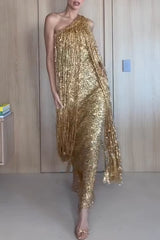 Holiday Muse Sequined Slit Tassels One Shoulder H-line Maxi Dress